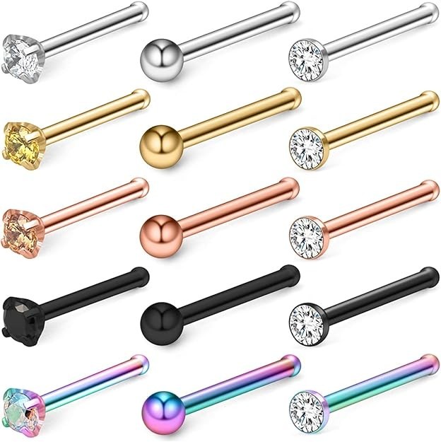 Nose Rings 15Pcs Screw Bone L Shaped 18G Nose Stud Surgical Steel Piercing Jewel