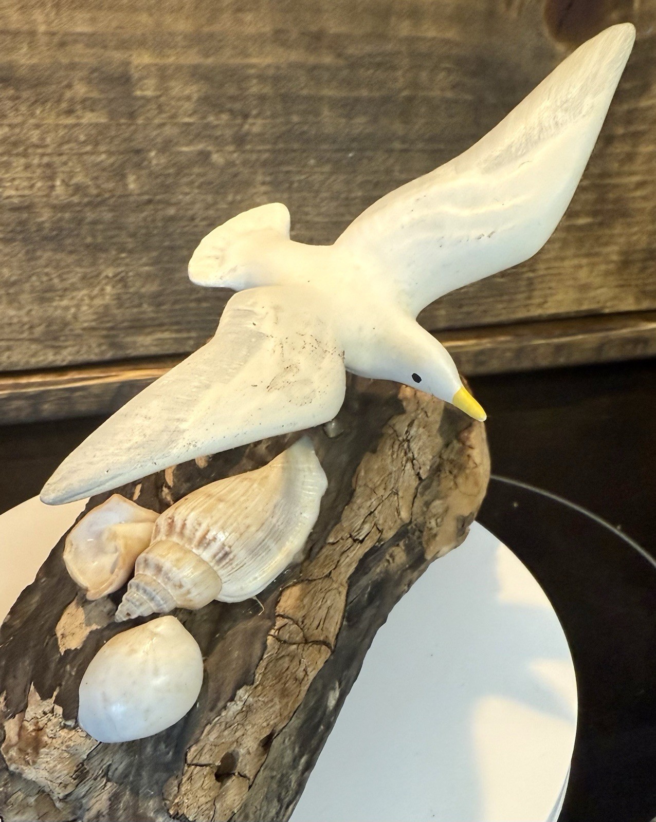 Vintage Burl Driftwood Seagull Wing Open Flying & Seashells Sculpture Nautical