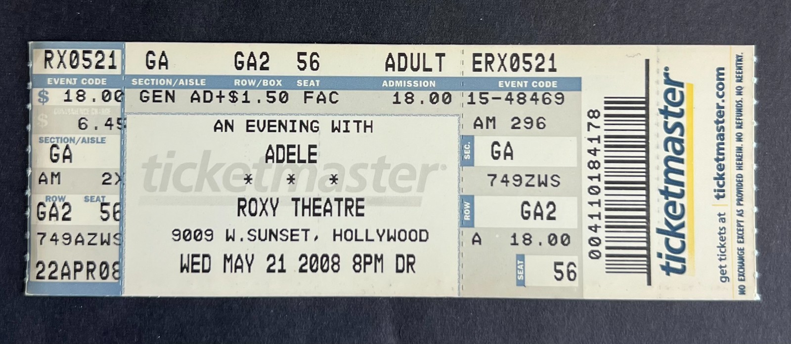 Vintage 2008 Adele Concert Ticket Stub 5/21/08 Roxy Theatre West Hollywood, Ca.