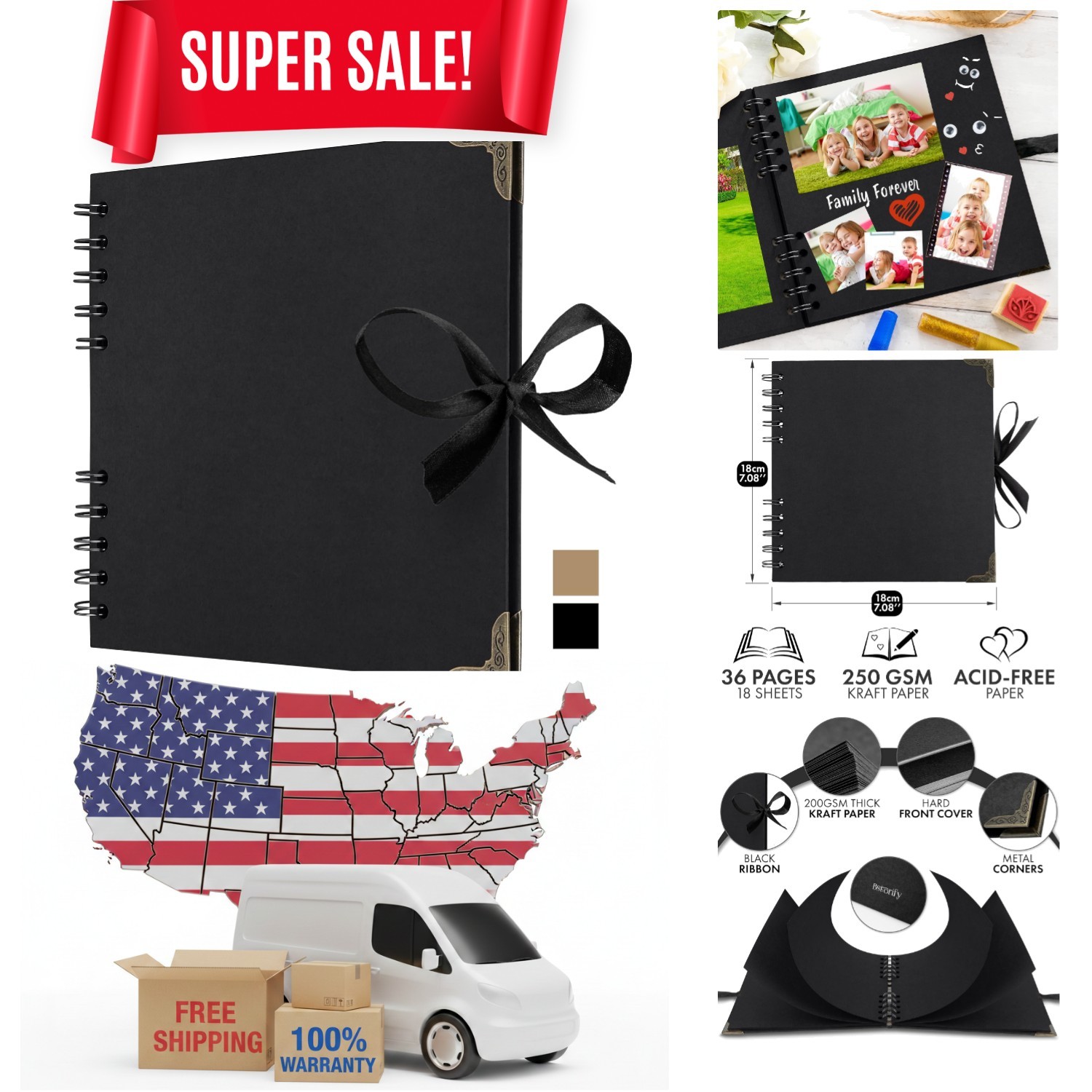 Charming Black Scrapbook with 36 Pages & Ribbon for Scrapbooking Enthusiasts