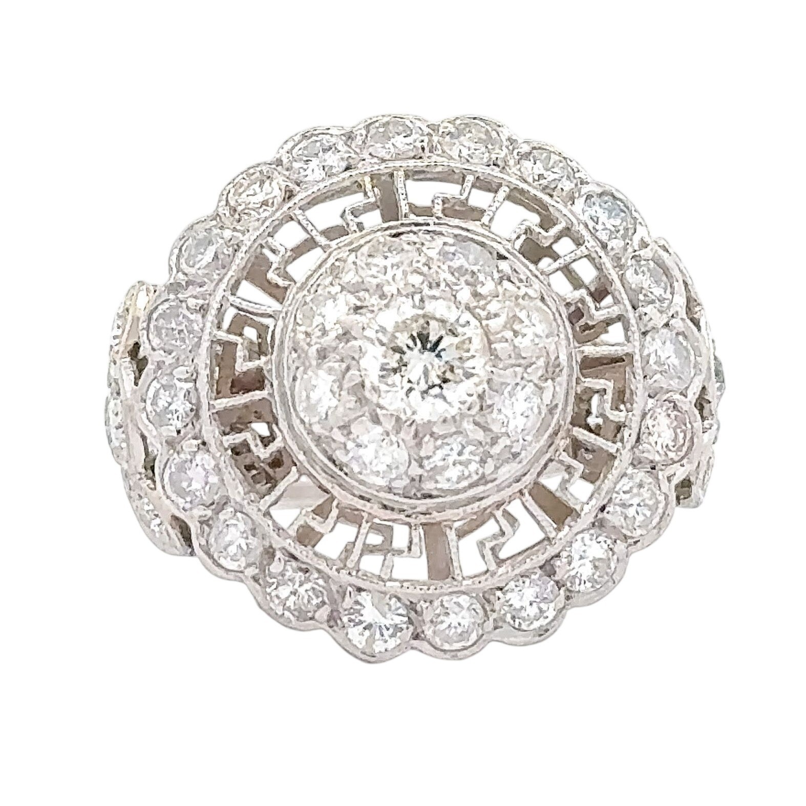 Art Deco 18K White Gold Diamond Halo Engagement Cocktail Ring Size 7.75