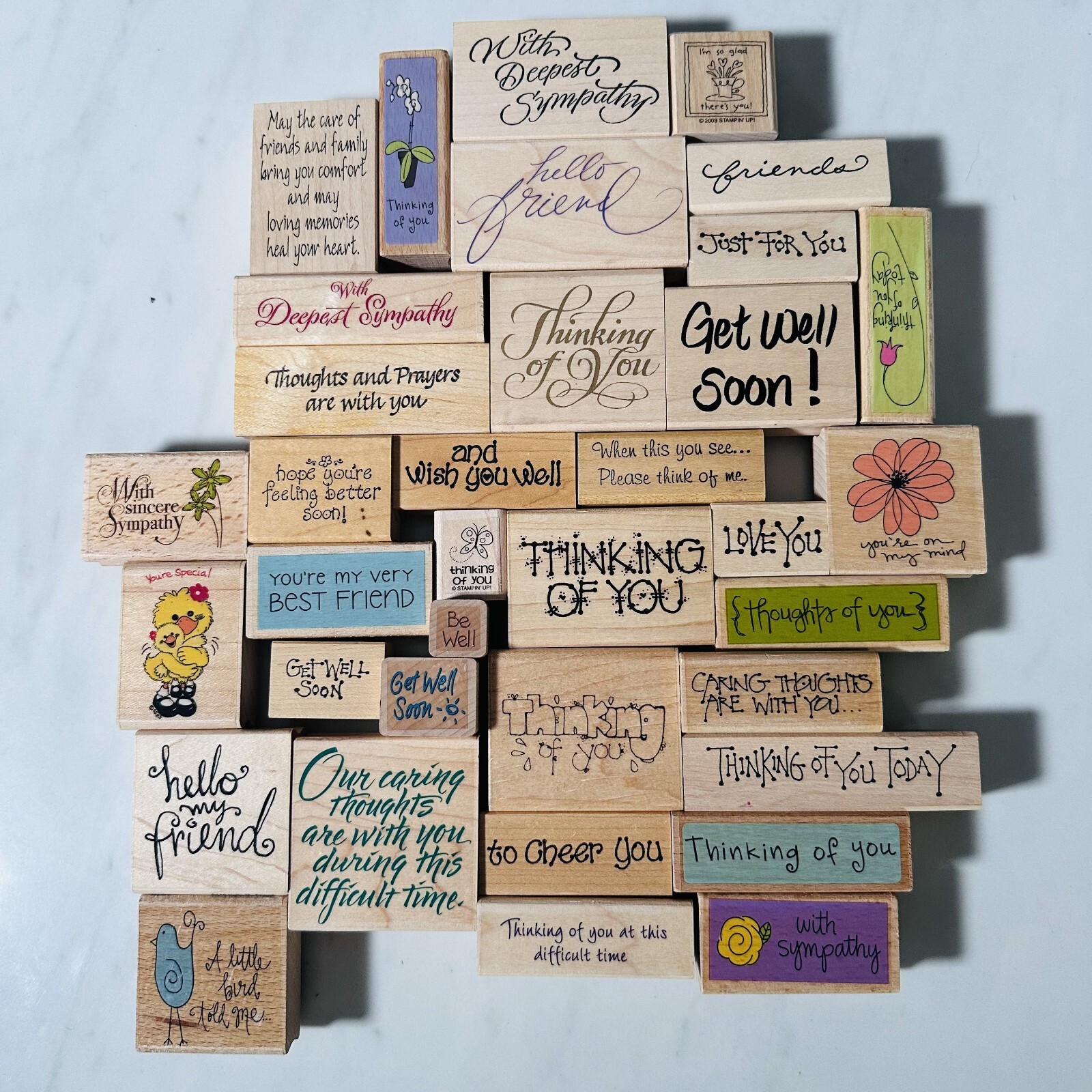 Lot of 36 - Wood Rubber Stamps - Friends - Sympathy - Get Well - Mixed Brands