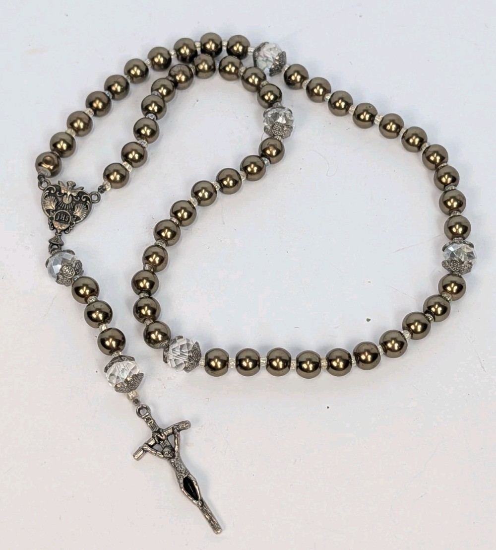 Vintage Handmade Crystal & Silver Beaded Rosary Necklace Jesus On Cross
