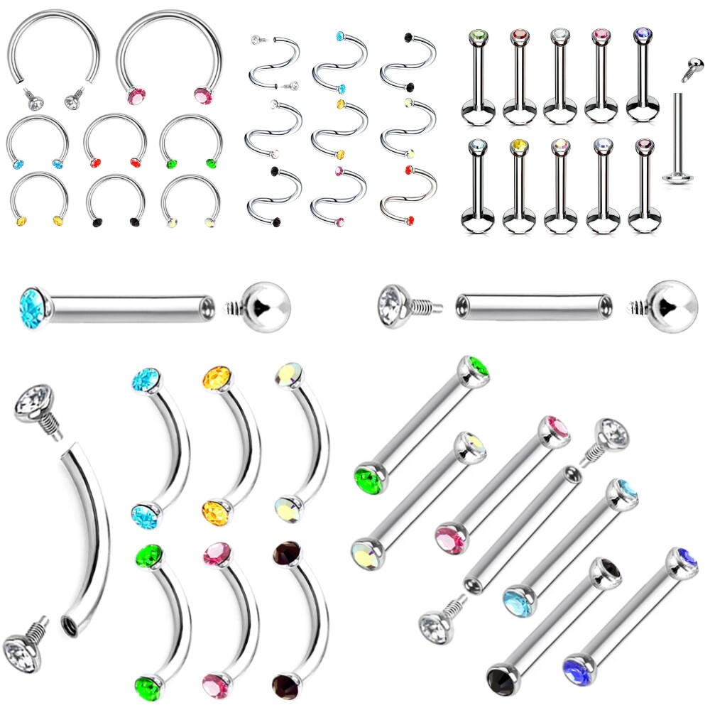 6X Colorful 2mm Gem Lip Ear Nose Stud Steel Internal Thread Piercing Jewelry Set
