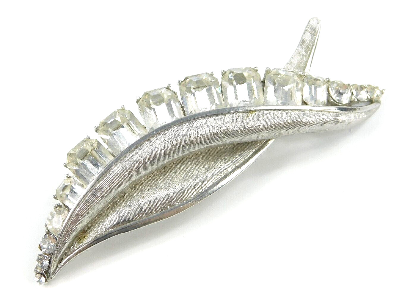 Vtg Silver Tone BSK Brushed Silver Tone Clear Rhinestone Leaf Brooch Pin 3.25"