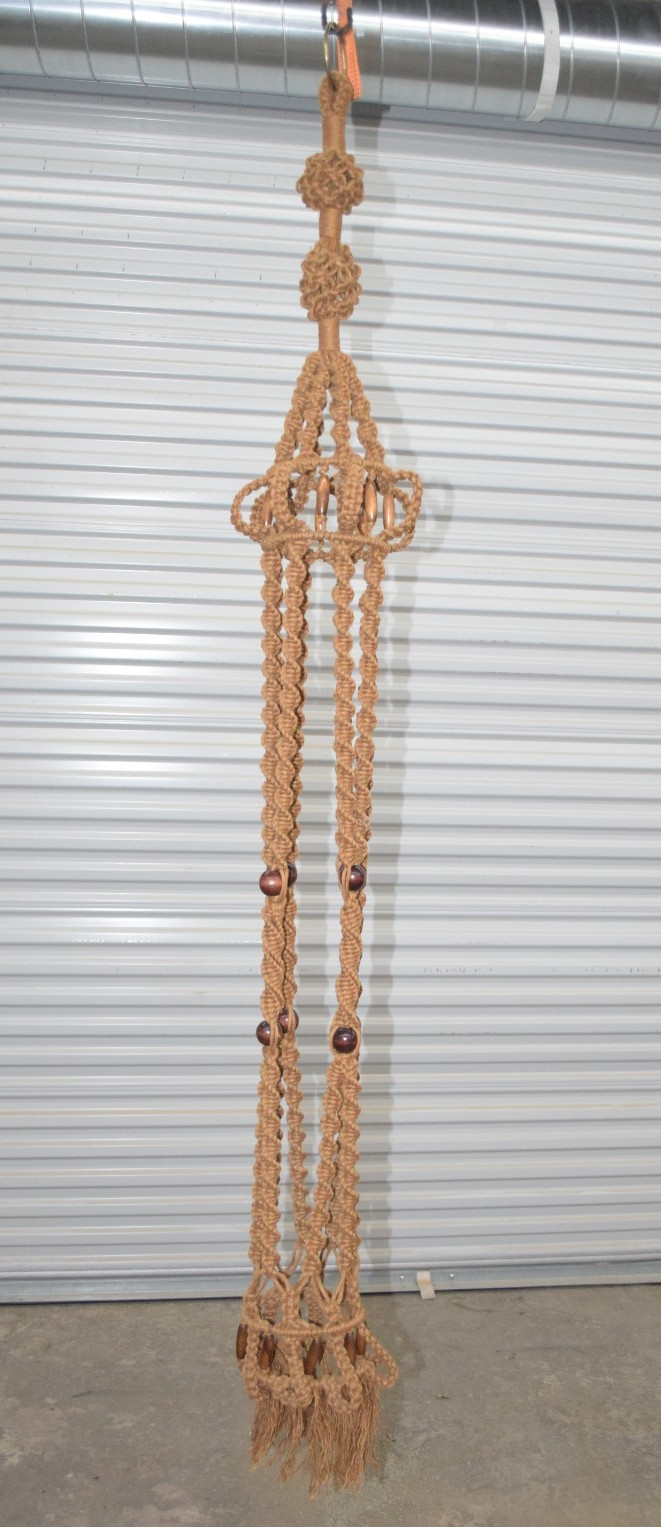 VINTAGE brown ~6' Macrame hanging Bohemian plant Hippie Wooden Beads