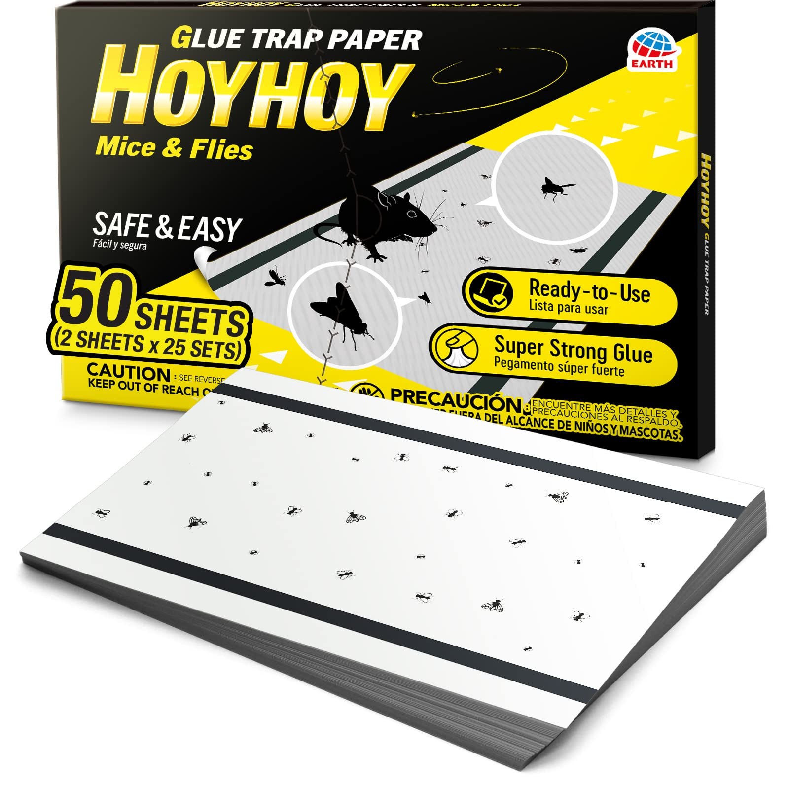 HOY Mice & Flies Glue Trap Paper - 50 Traps [1 Pack] Ready-to-Use White 