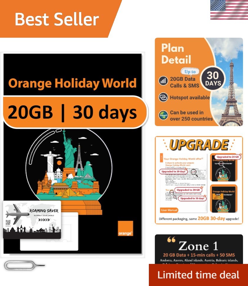 Orange Holiday Worldwide Prepaid SIM Card 20GB Internet Data for 30 Days in 4...