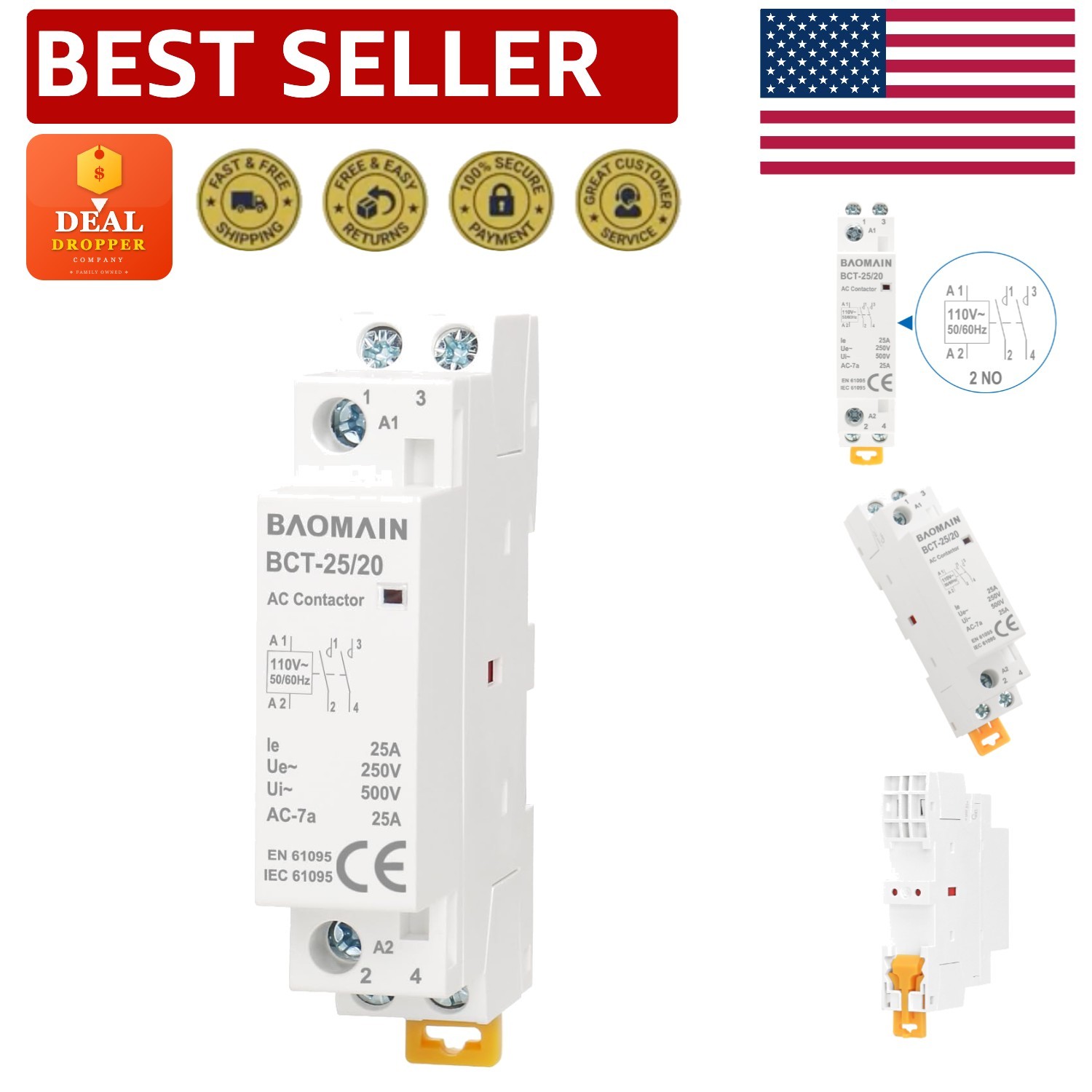 110V AC 25A 2-Pole Modular Contactor for HVAC & Motor Control - DIN Rail Mount