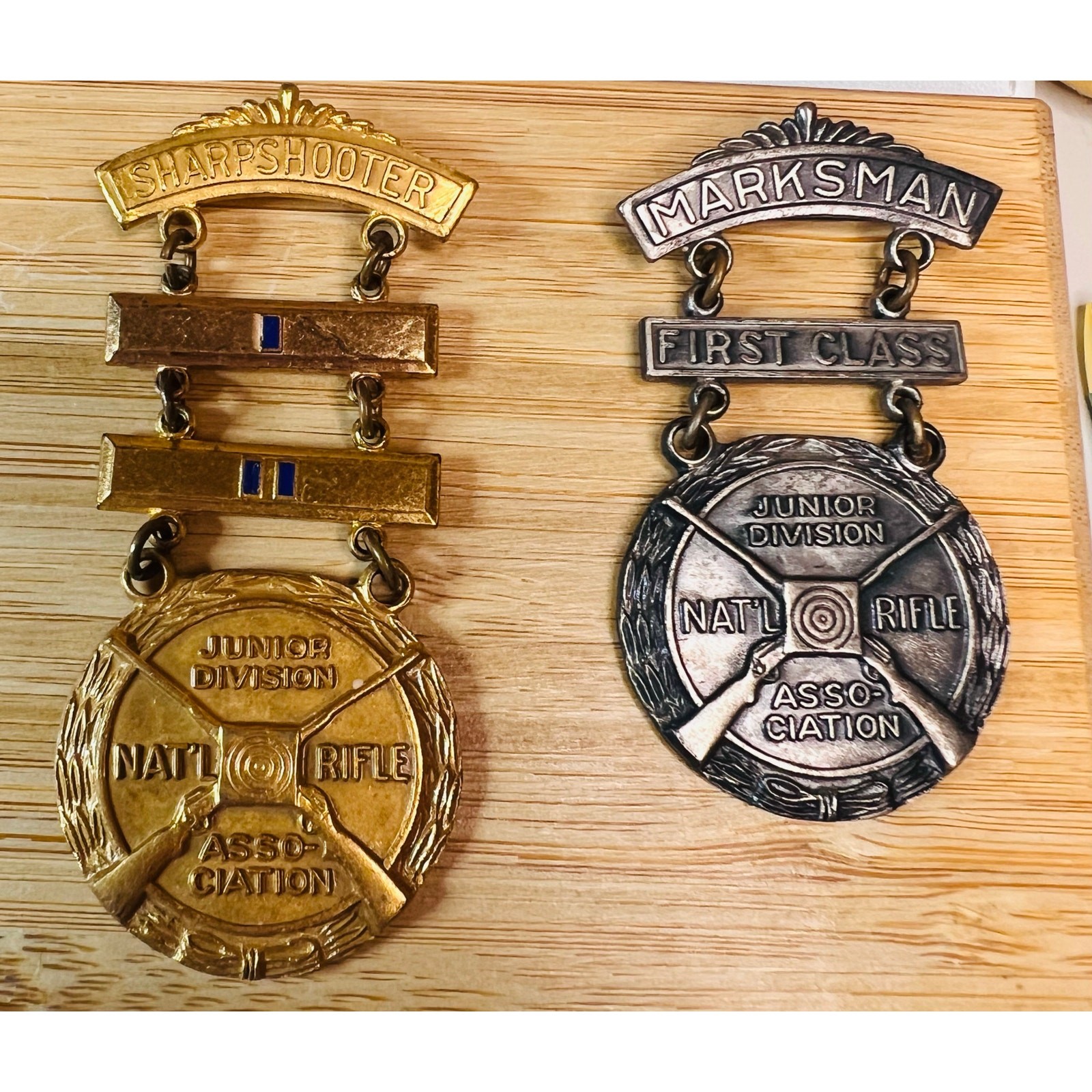 Set Of 3. Vintage Junior NRA Marksman Sharpshooter Metals Shooting Badges