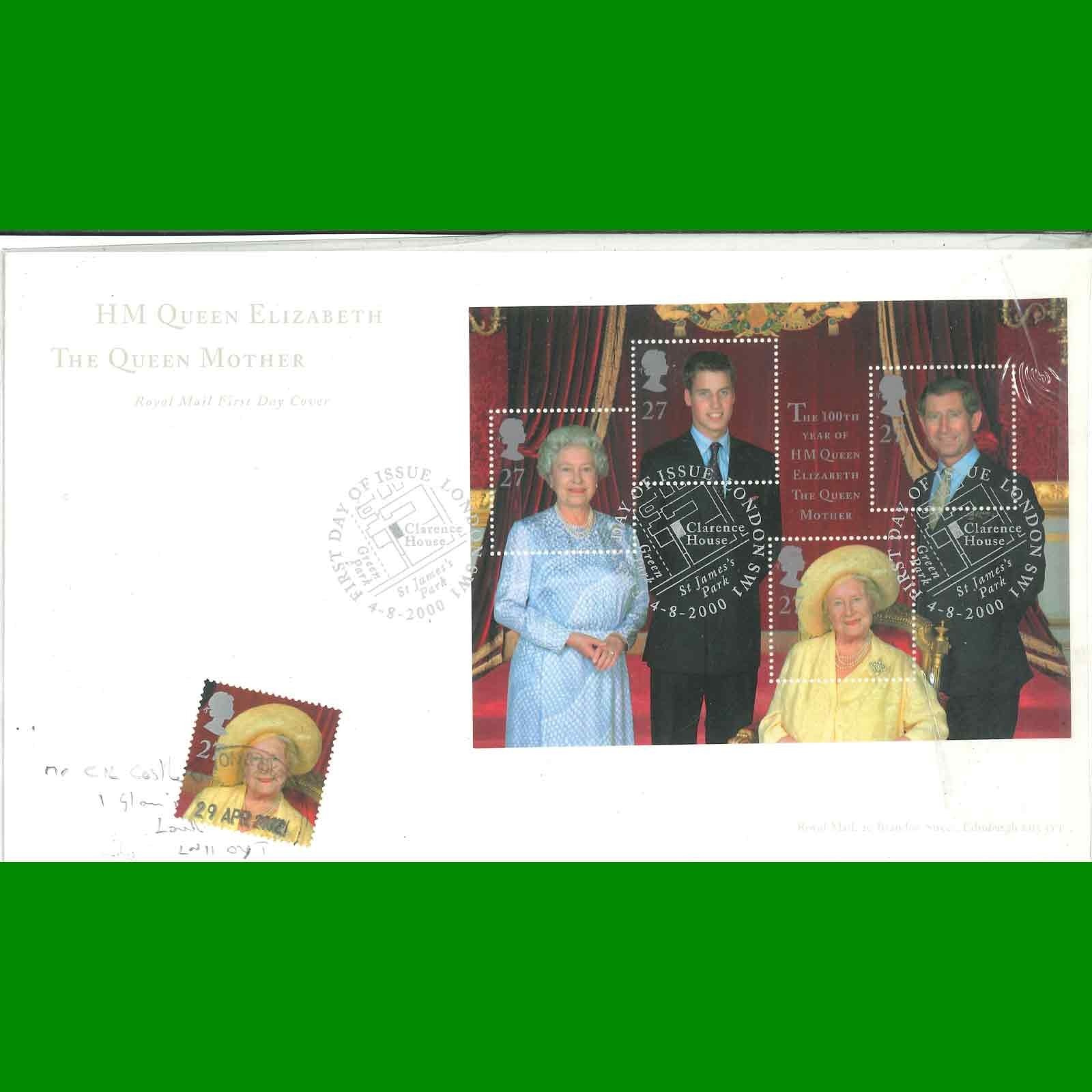 UK FDC The Queen Mother's 100th Birthday Royal Mail First Day Cover, 4.8.2000