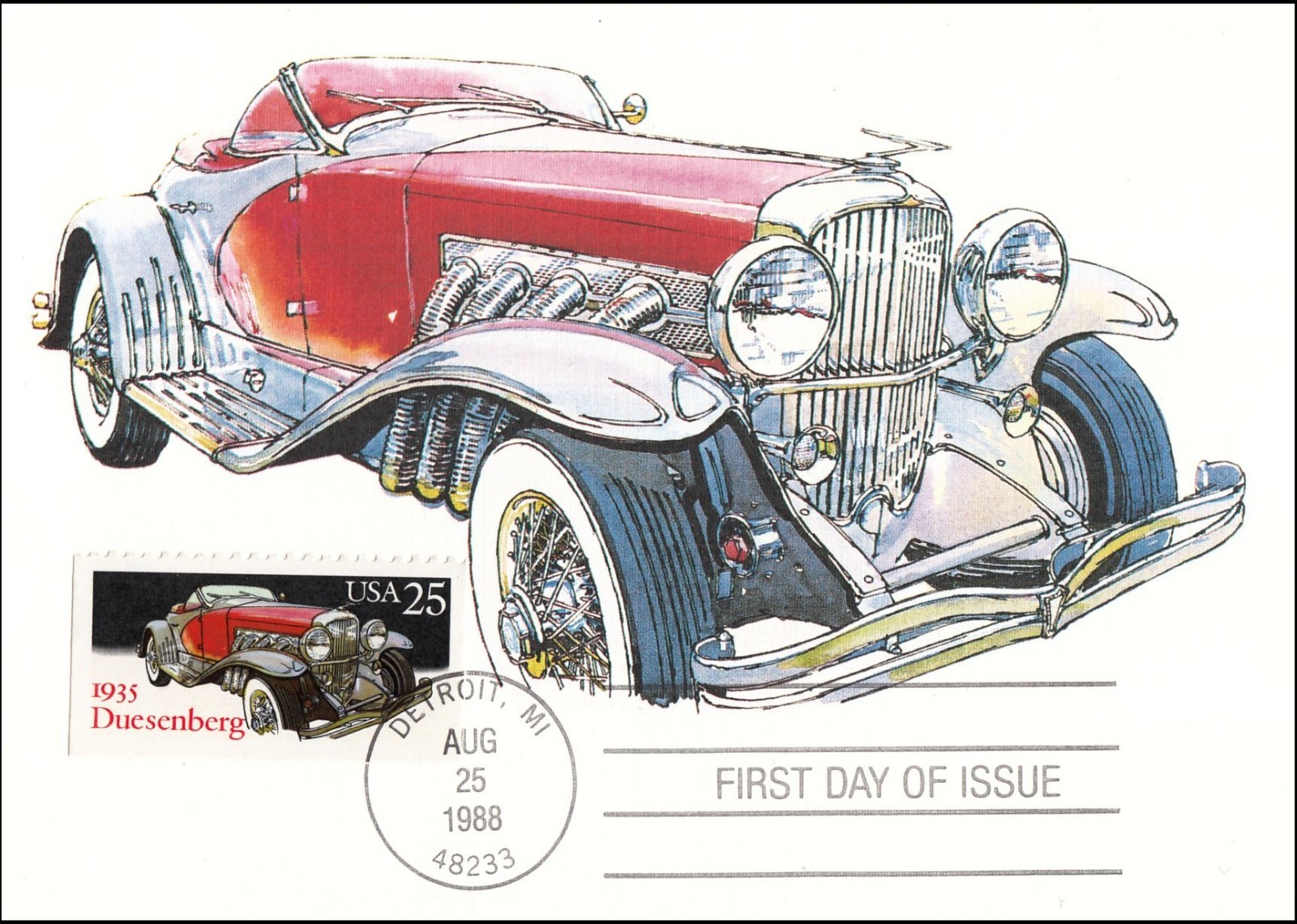 Duesenberg 1935 Vintage Classic Car Auto USA Mint Maxi FDC Card 1988
