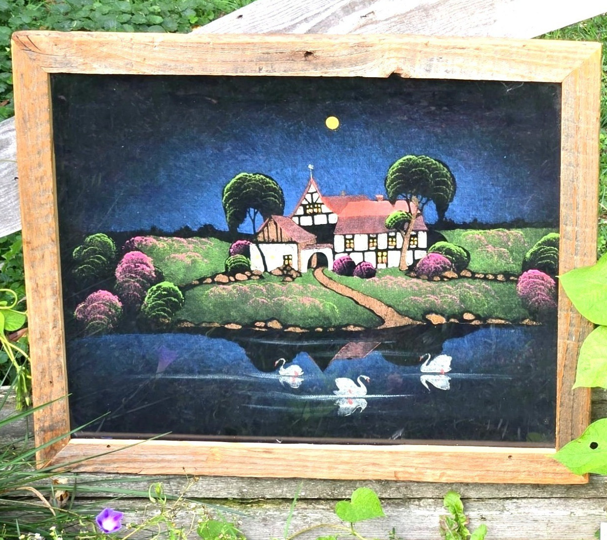 1960s Black Velvet Painting swan cottage Wood Framed Wall Hanging 22x18 Vintage