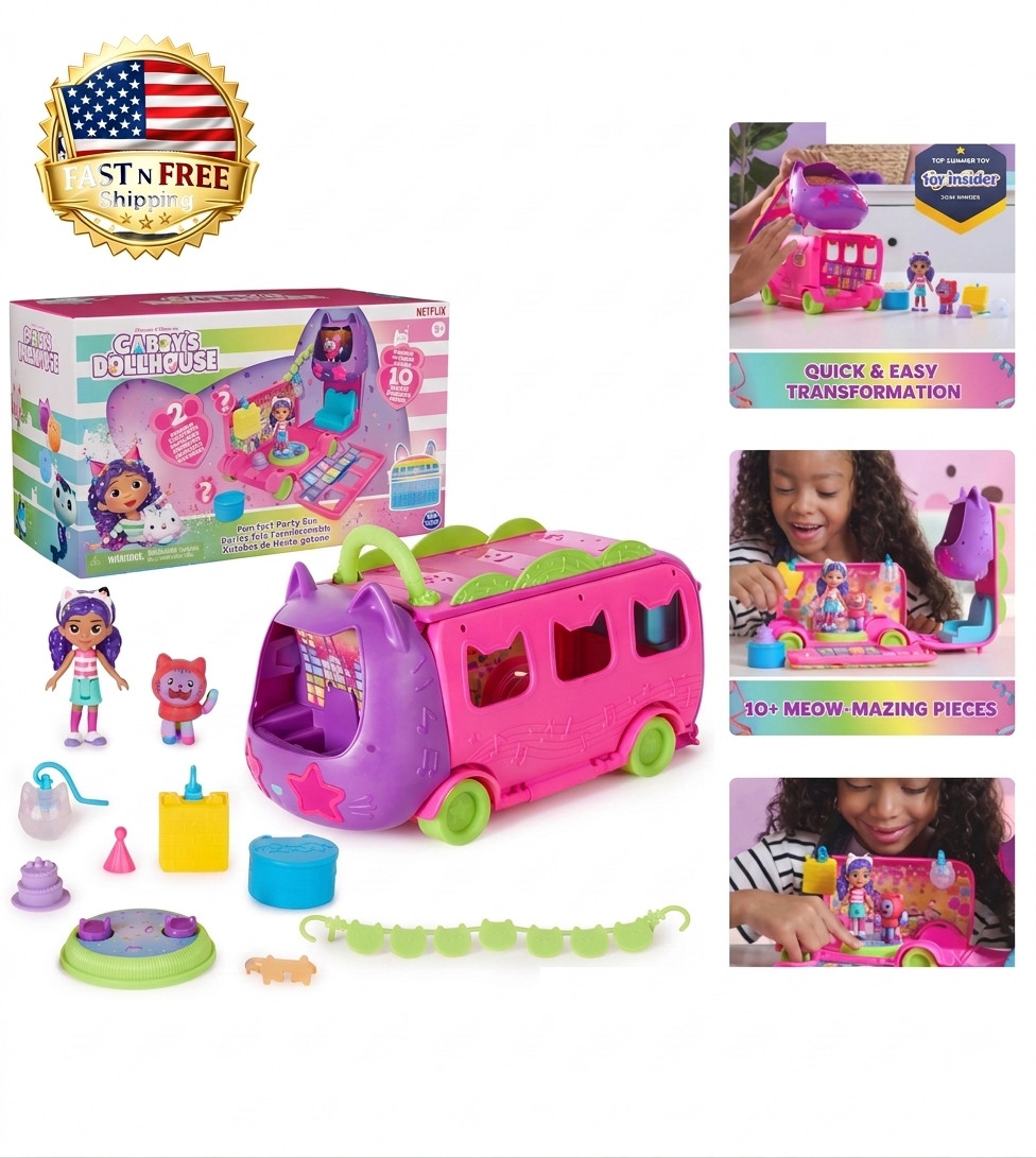 Gabby’s Dollhouse Celebration Party Bus Transforming Playset w Gabby & DJ Catnip