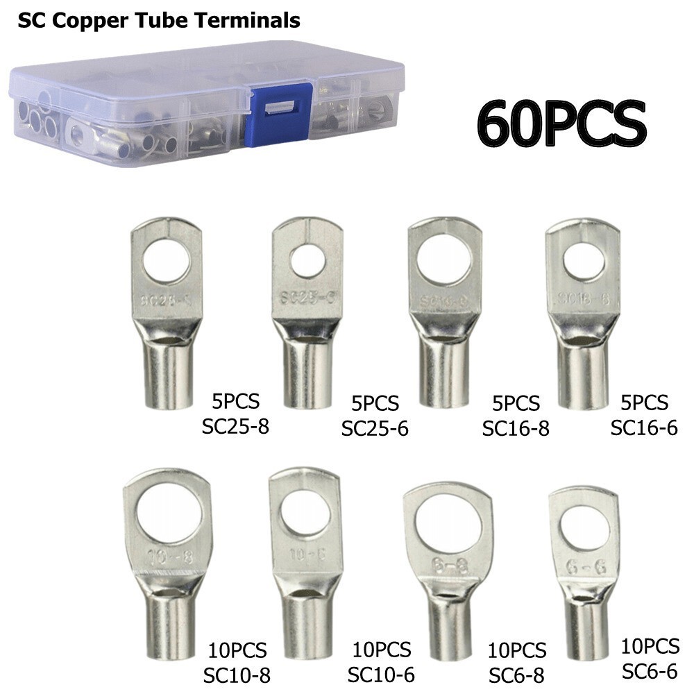 60pcs TERMINALS LUGS Bare Copper Ring Connector Wire Gauge SC6-25 Kit US