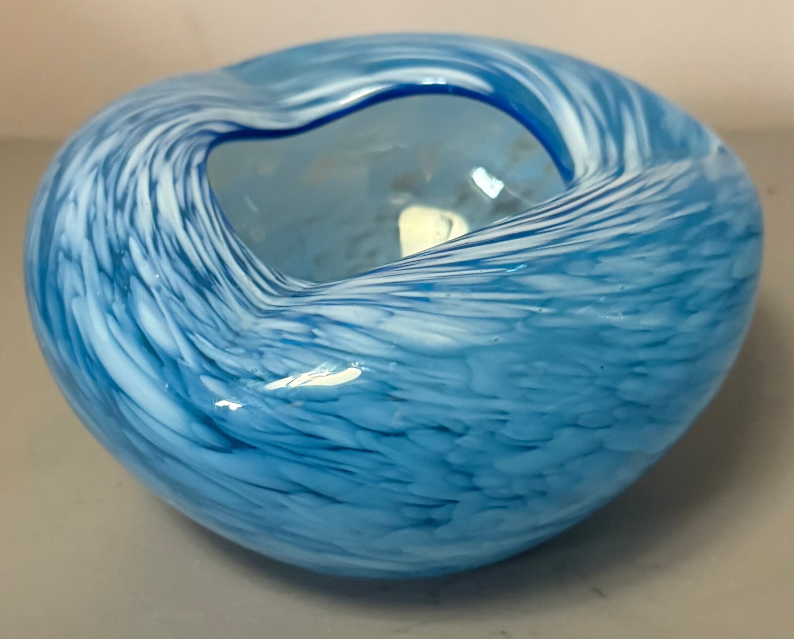 Blue & White Swirl Hand Blown Art Glass Round Bowl Lead Crystal 5" With Label