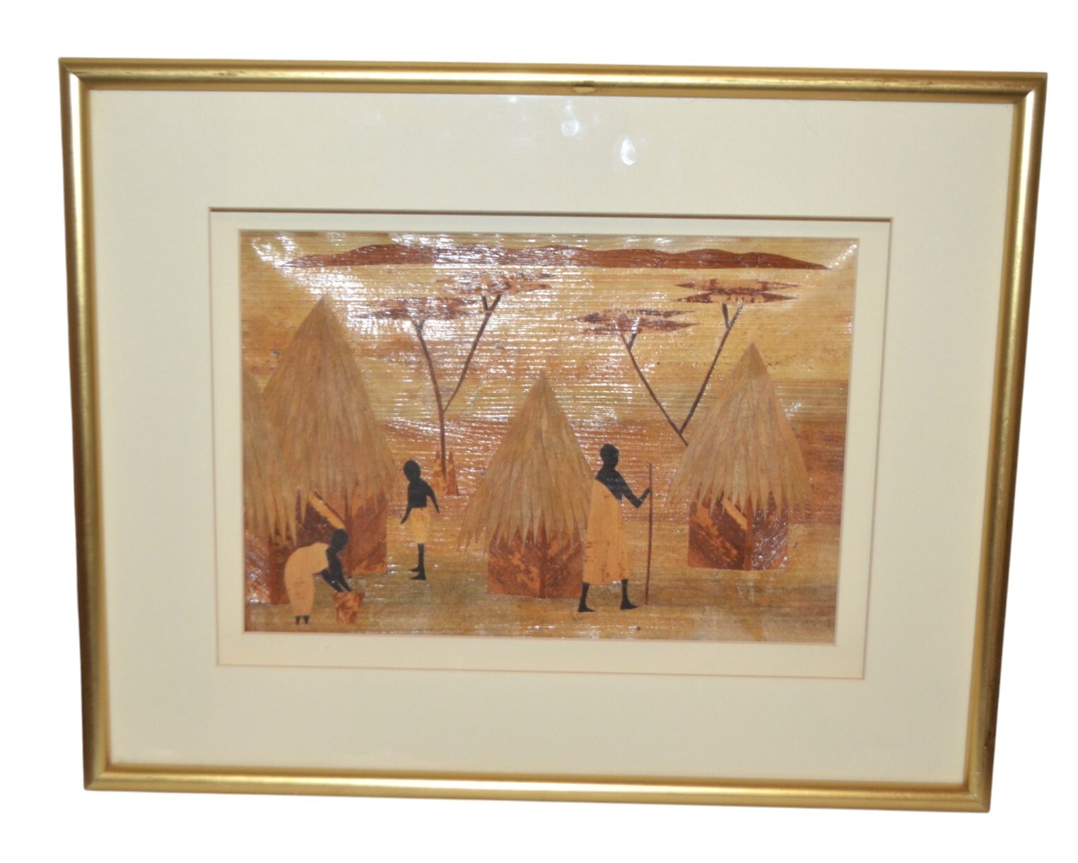 Vintage Banana Leaf African Picture Folk Art Mixed Media Gold Frame