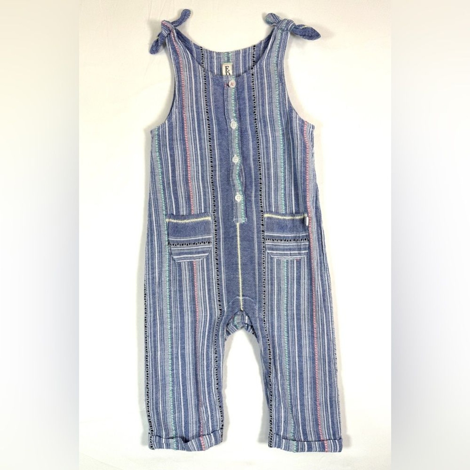 ED Baby Romper Size 12 Months Striped Cotton Jumpsuit Tie Shoulder One Piece