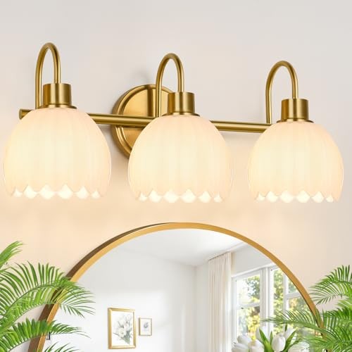 Bathroom Light Fixtures Gold Vanity Light 3-Light Tulip White-Brushed Gold