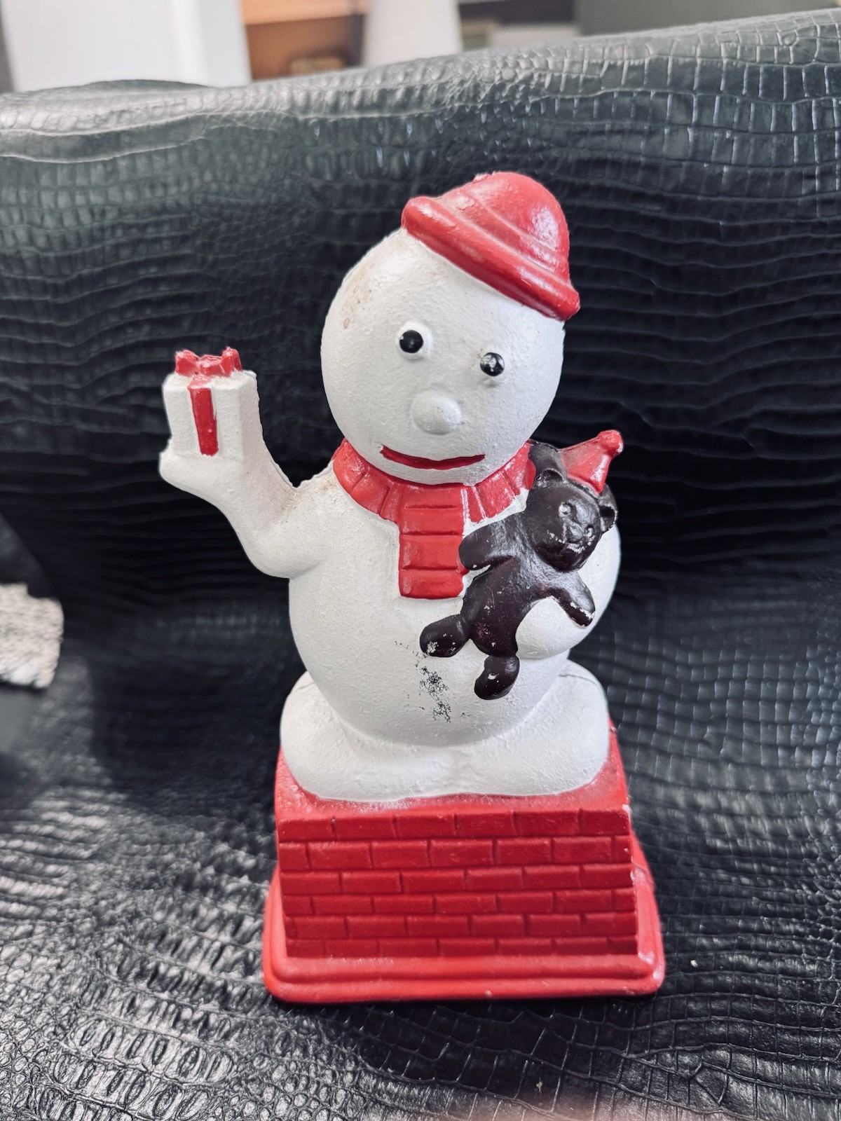 Vintage Cast Iron Snowman With Teddy Bear on Chimney Bank
