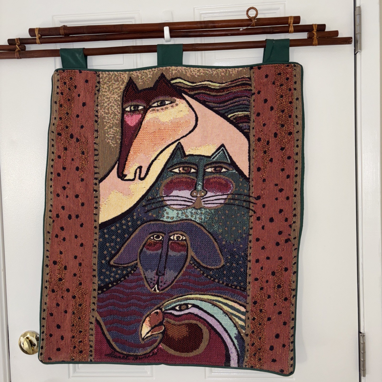 VTG Rare 80s Wall Tapestry Laurel Burch Signed  Bamboo Rod  horse eagle cat  25”