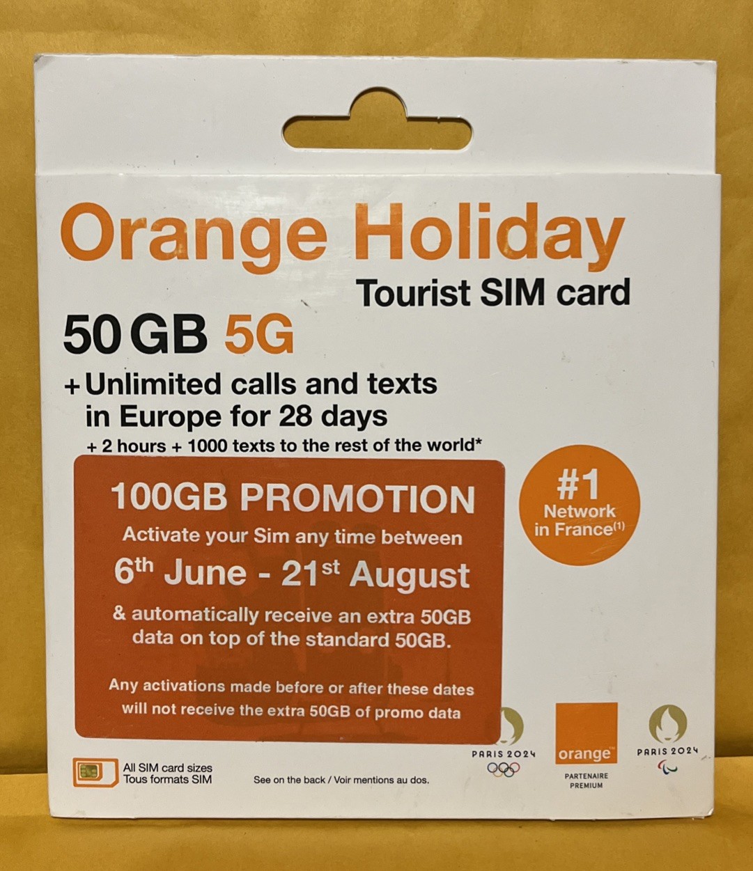 50GB 28 Day Orange Holiday SIM Card, 120 Minutes Calls+1000 Texts to Worldwide