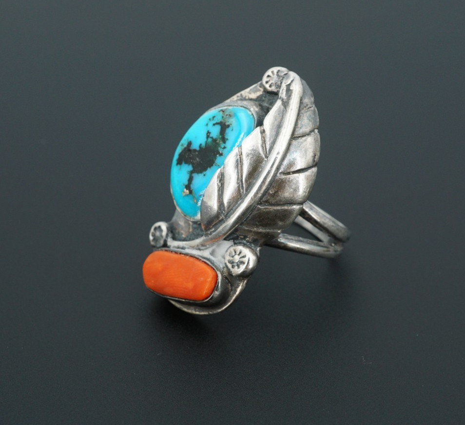 Vtg Navajo Turquoise Red Coral Statement Ring Sterling Silver Size 8.25 RS3826