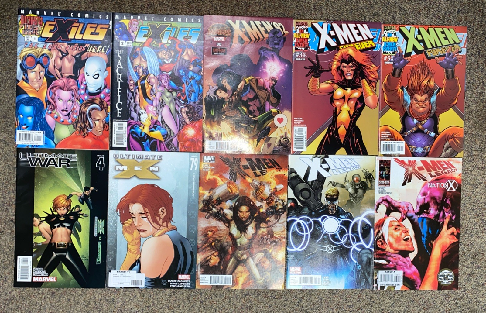 Misc X-Men Comic Lot of 10 Marvel Comics Ultimate, Legacy, Forever, Exiles