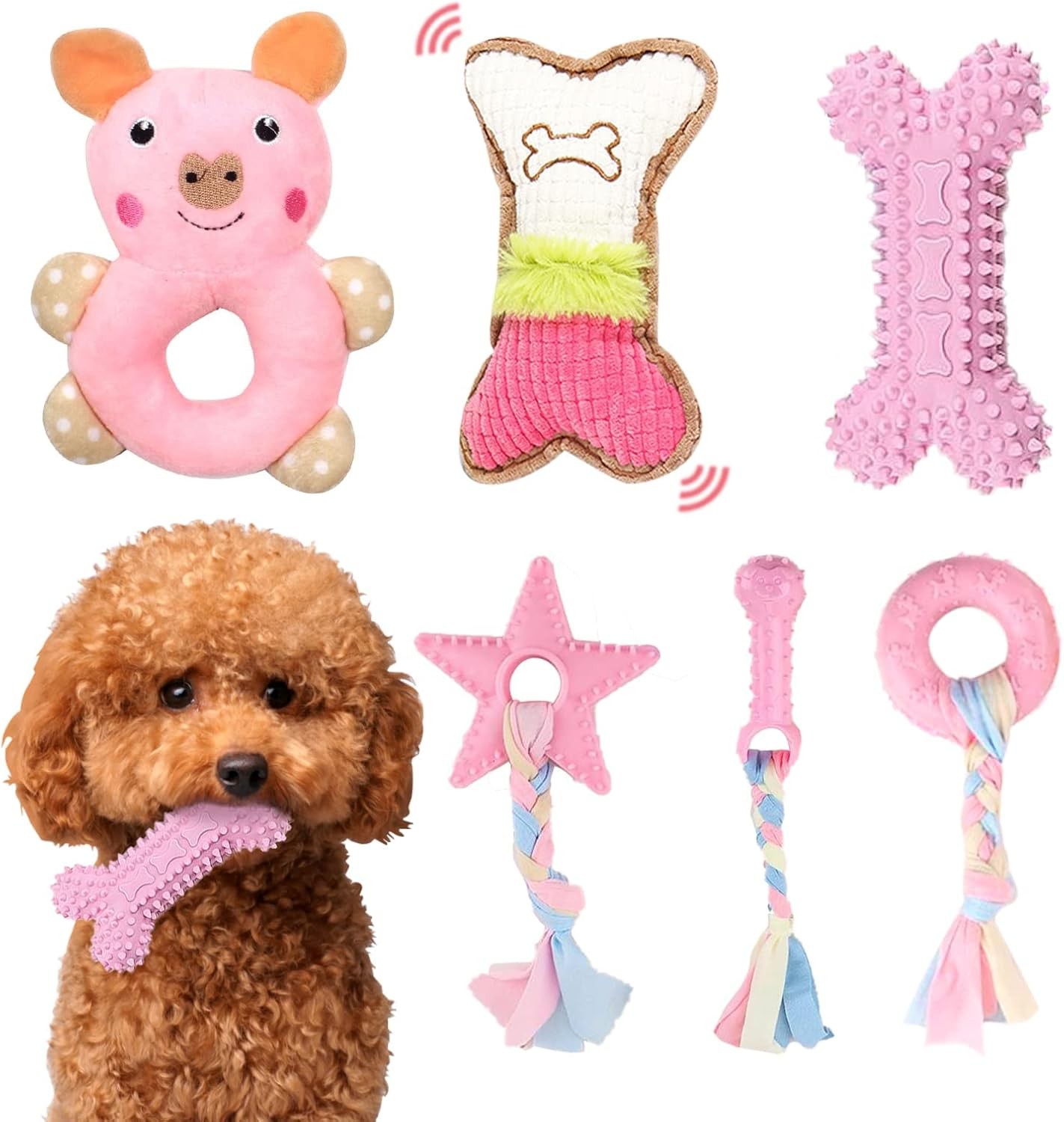 6 Pack Puppy Toys for Teething Small Dogs, Cute Pink Dog Chew Toys for Puppies,