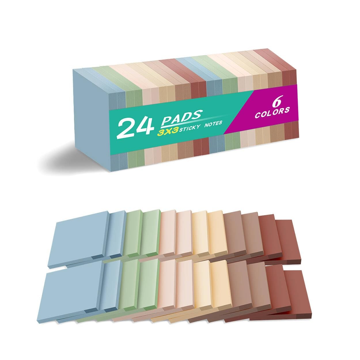 (24 Pads) Sticky Notes 3x3 inch, Self-Stick Pads inches, Vintage Colors 