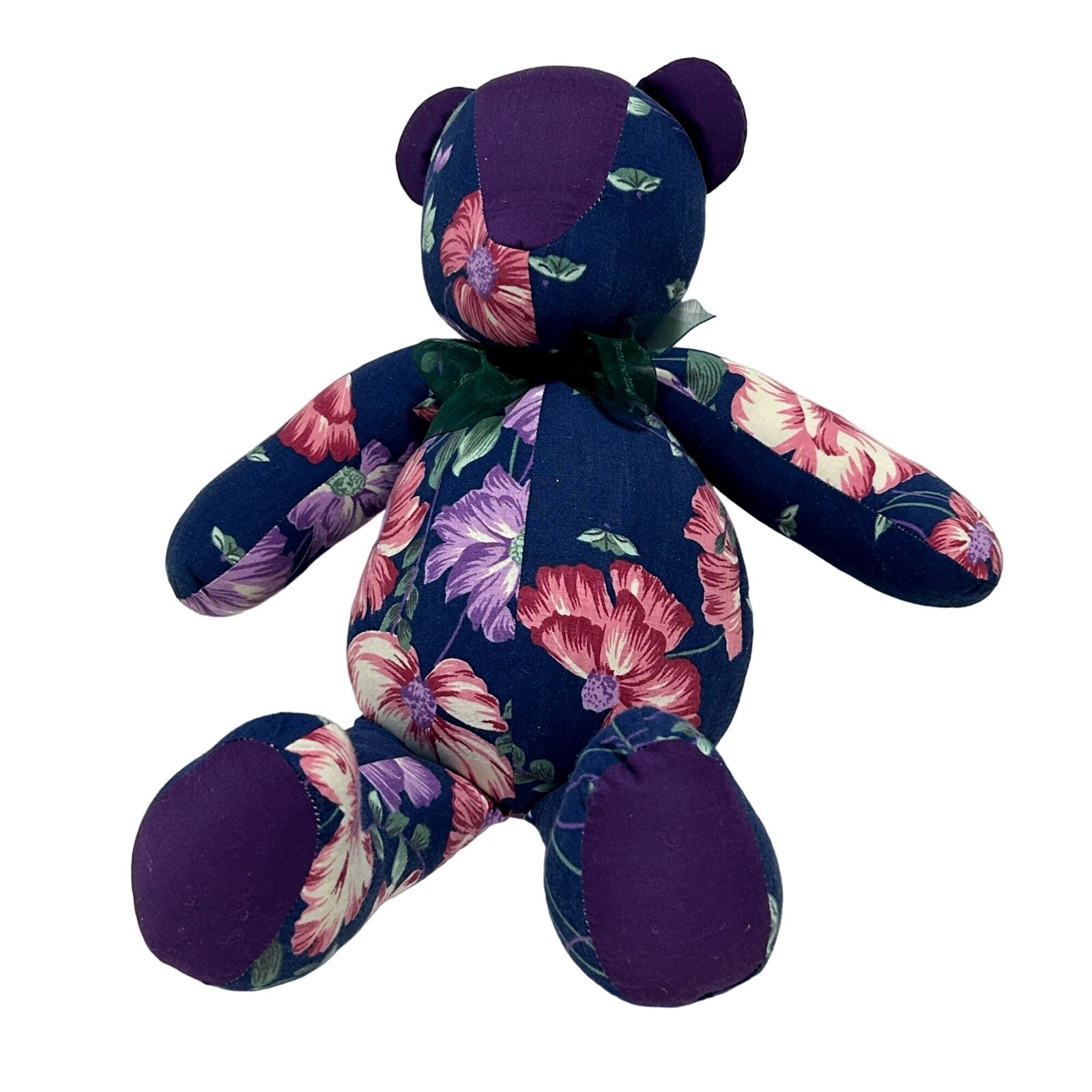 Handmade Patchwork Memory Teddy Bear 18" Quilted Purple Floral Stuffed Animal