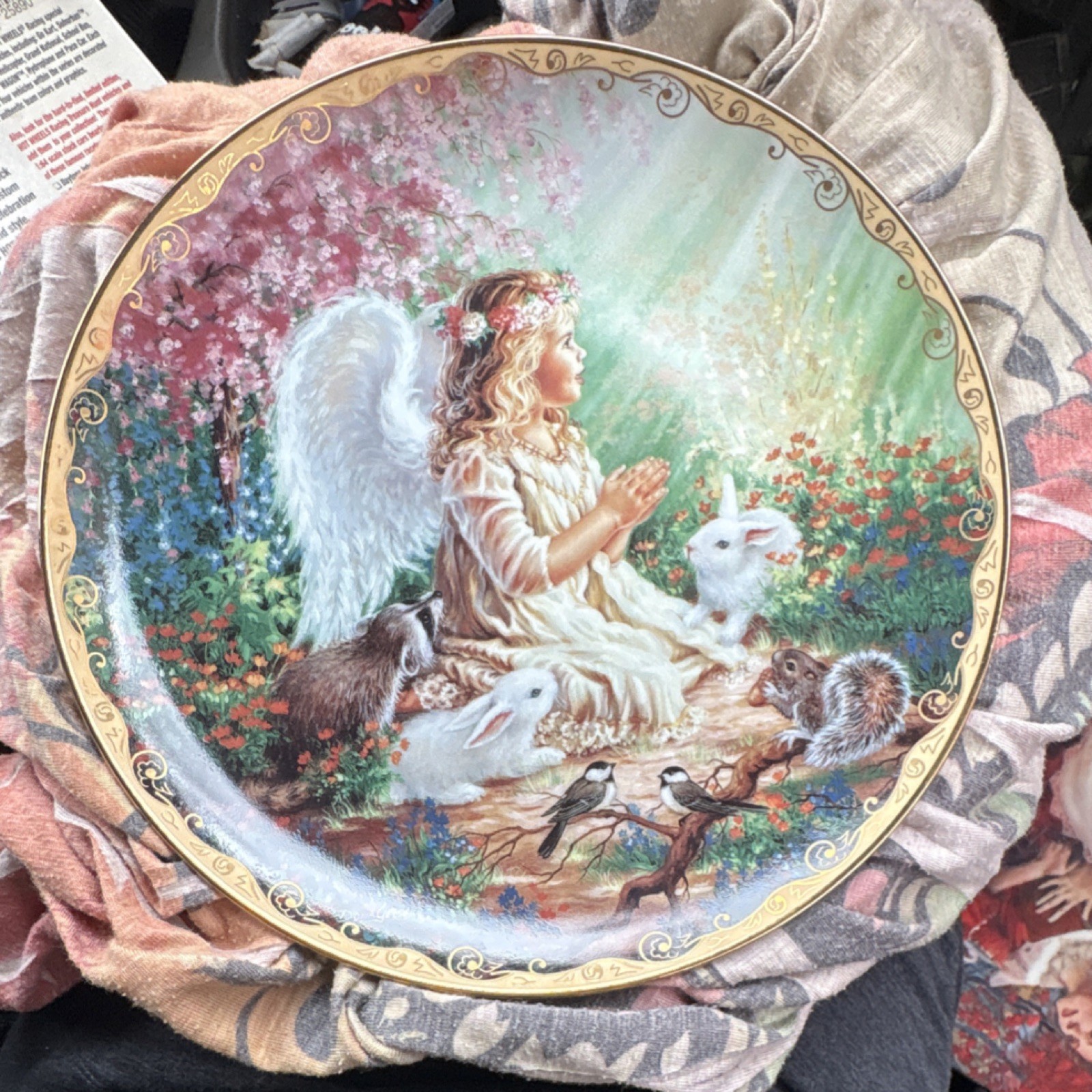 Porcelain Angel and Animals Decorative Collector Plate Round Multicolor