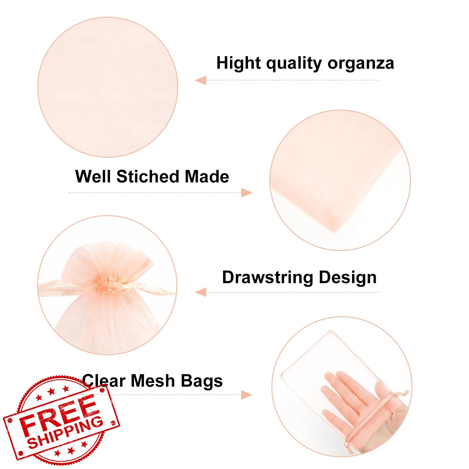 G2PLUS Blush Peach Organza Bags 4x6 100PC Drawstring Jewelry Candy