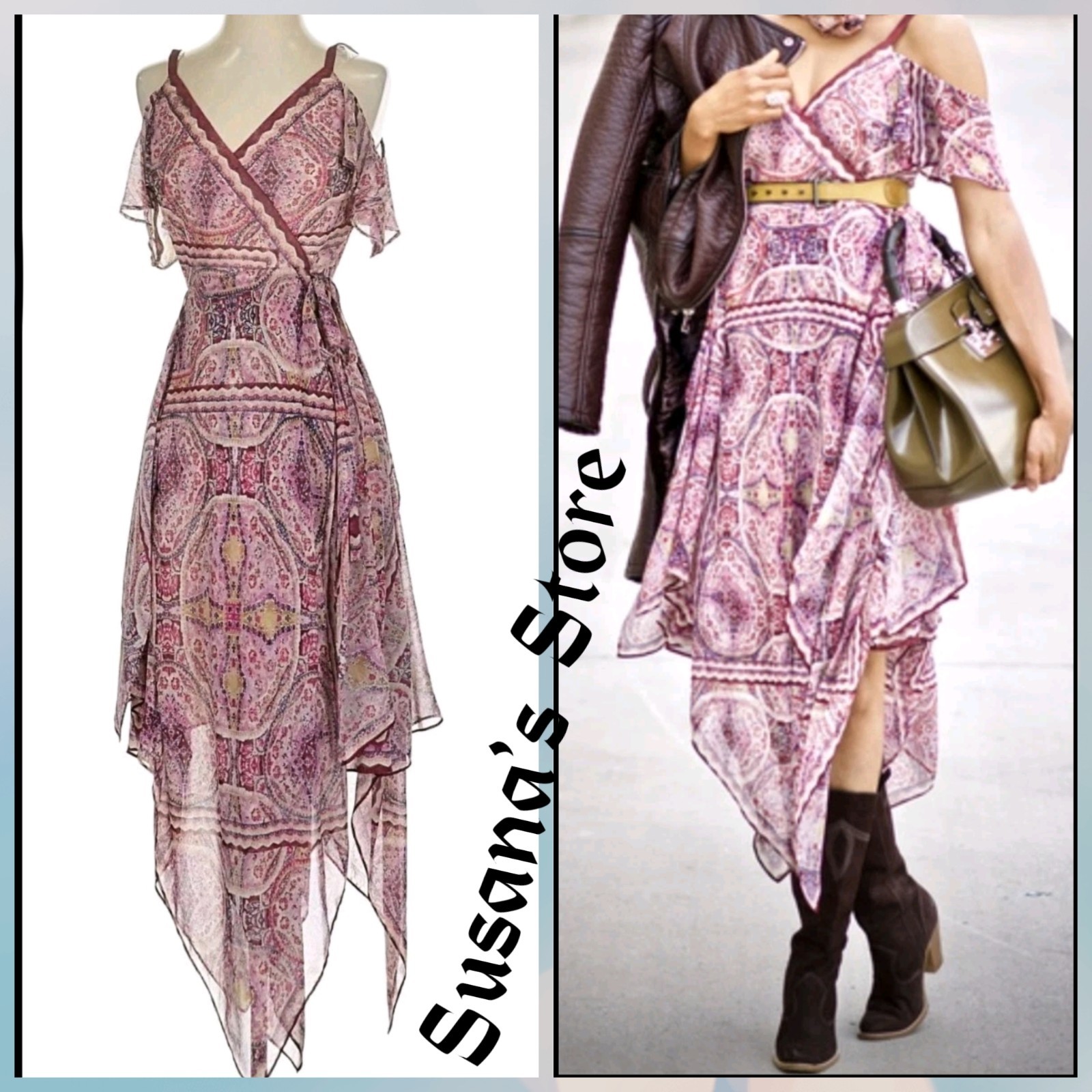 NWT BCBG MAXAZRIARIA SIZE S Printed Cold-Shoulder Wrap Asymmetric Hem Midi Dress