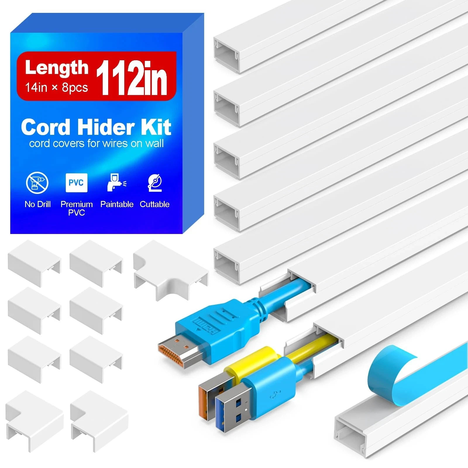 112in Cord Hider Kit, Cord Covers for Wires on Wall, Premium One-Cord Cable Hide