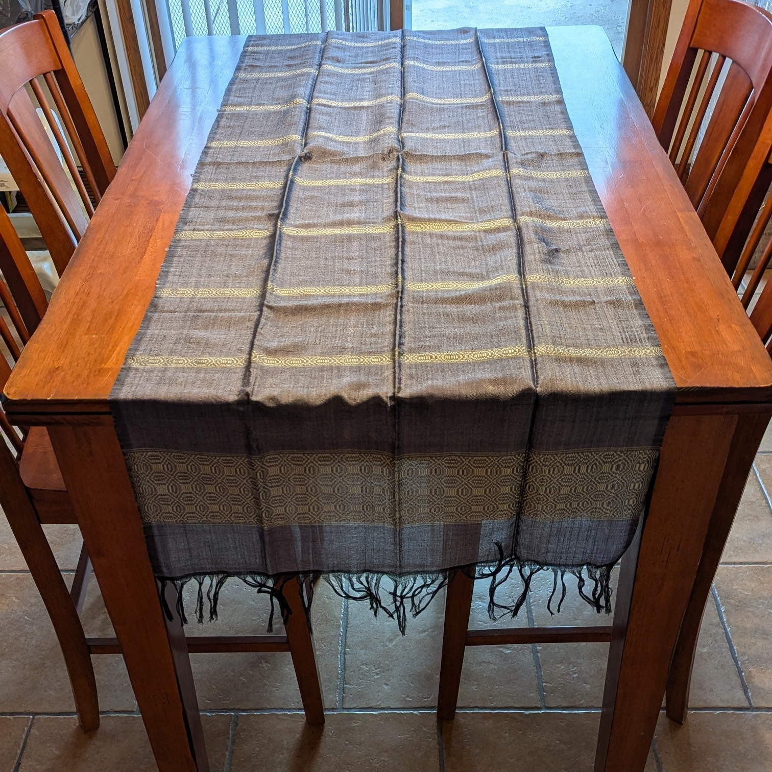 Lao Hand-Loomed Long Cotton Blue and Gold Textile Table Runner 26" x 86"