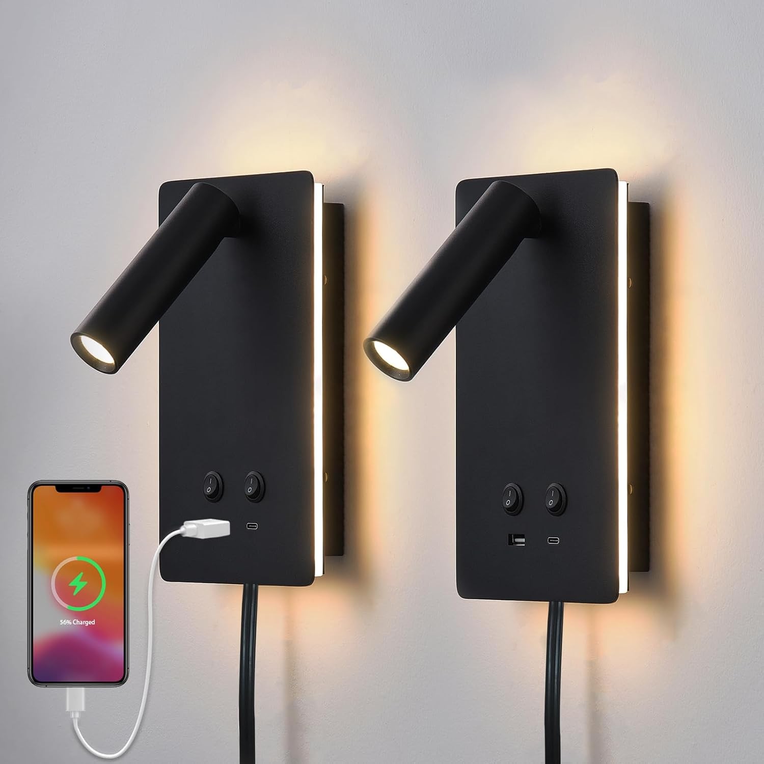 MOLUOLA LED Wall Lamp Reading Lights Set of 2 Headboard Plug Wall Sconce BLACK