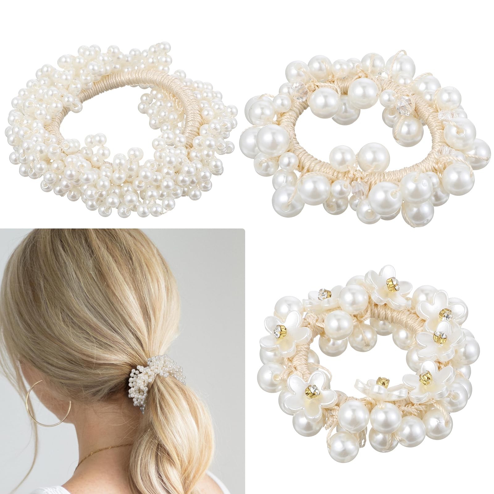 Guduling 3pcs prarl Beaded Hair Ties, Pearl Tie, 1 Count (Pack of 3) 