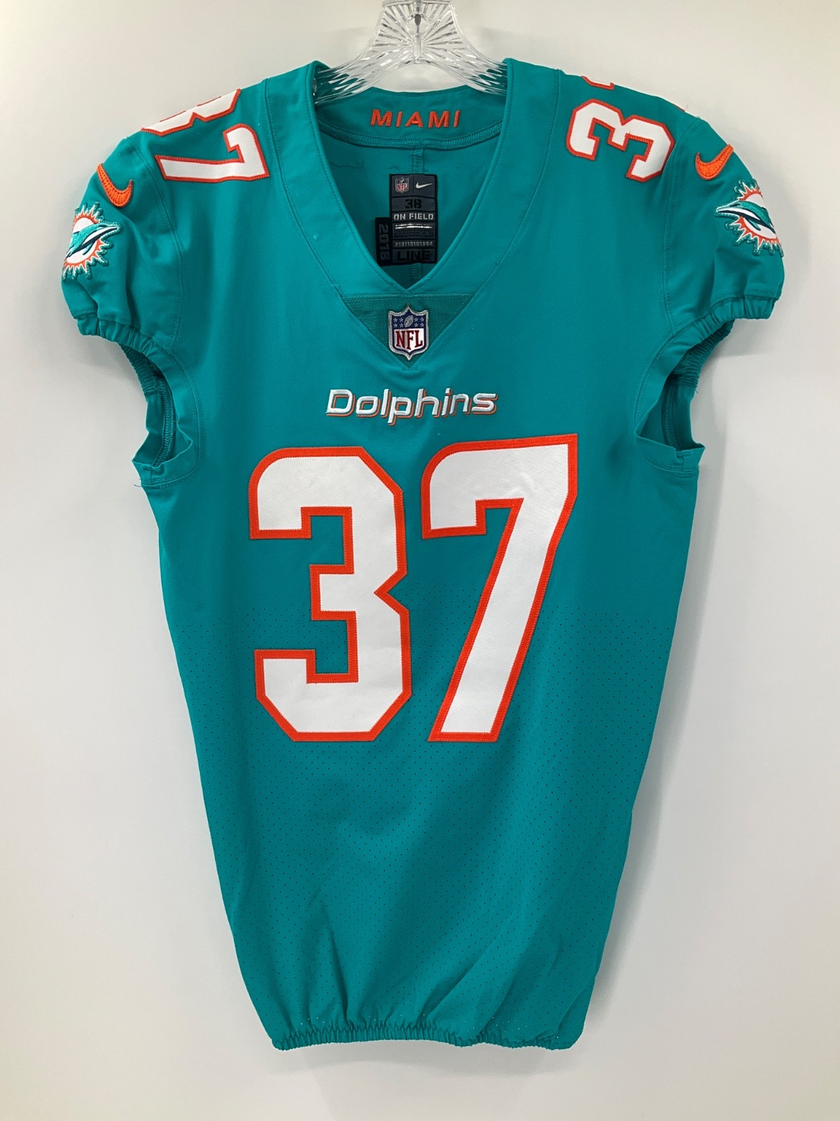#37 MIAMI DOLPHINS NIKE GAME USED TEAM ISSUED AQUA JERSEY SIZE:38 YEAR:2018