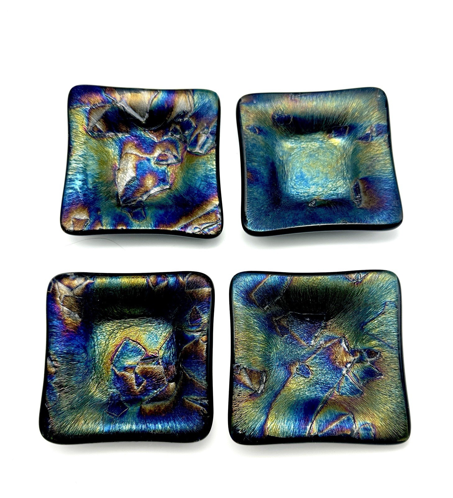 Dichroic Fused Glass Iridescent 3” Square Trinket Dish Decor Set Of 4