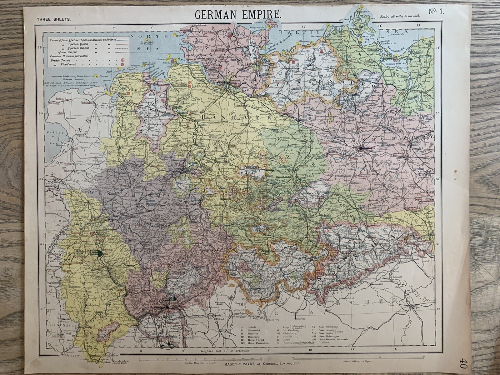 1889 NORTH GERMANY ORIGINAL ANTIQUE MAP BY LETTS, SON & Co. 131 YEARS OLD