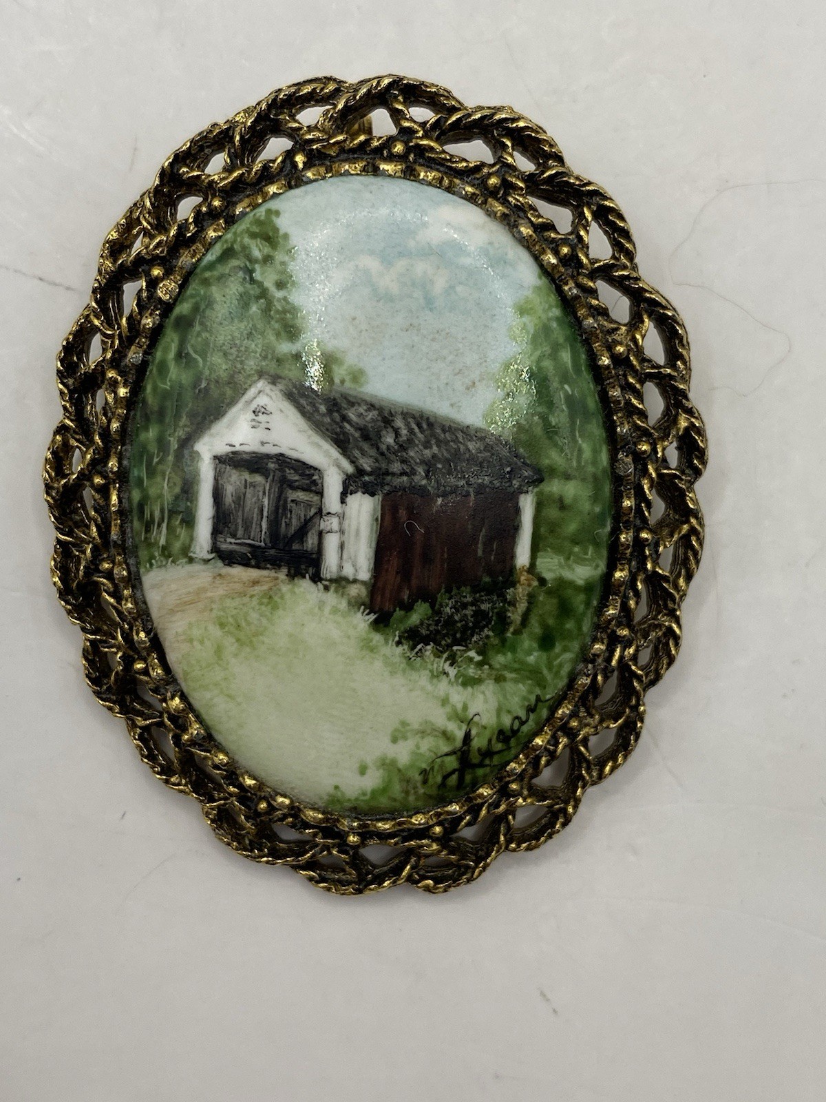 Vintage Signed Hand Painted Porcelain Brooch Pendant Covered Bridge Scene
