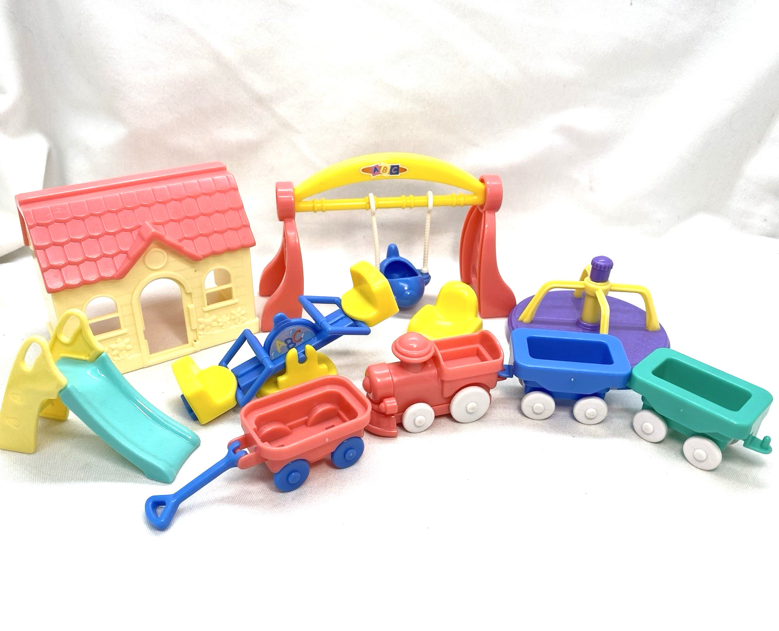 Vtg 10 Pc Keenway Accessories Toys Train, Swing, Teeter Totter, Mary Go Round