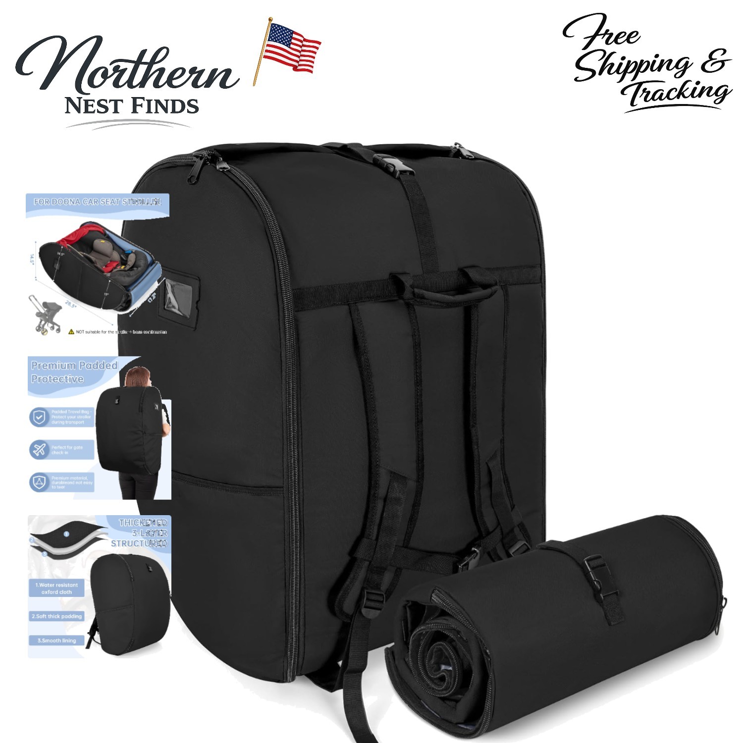 Foldable Infant Car Seat Travel Bag Compatible with Doona - Easy Carry & Protect