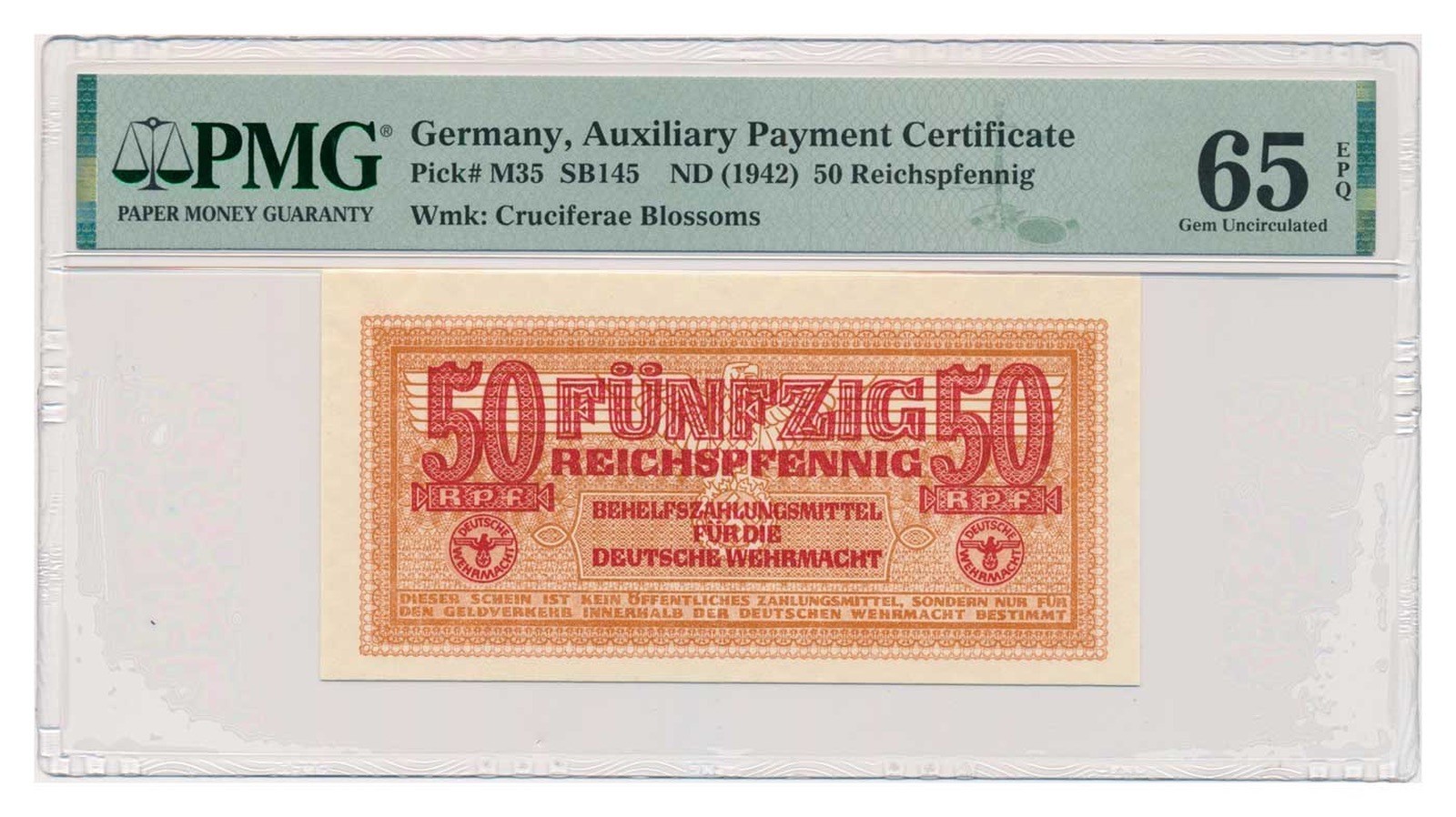 GERMANY banknote 50 Reichspfennig 1942 PMG MS 65 EPQ Gem Uncirculated