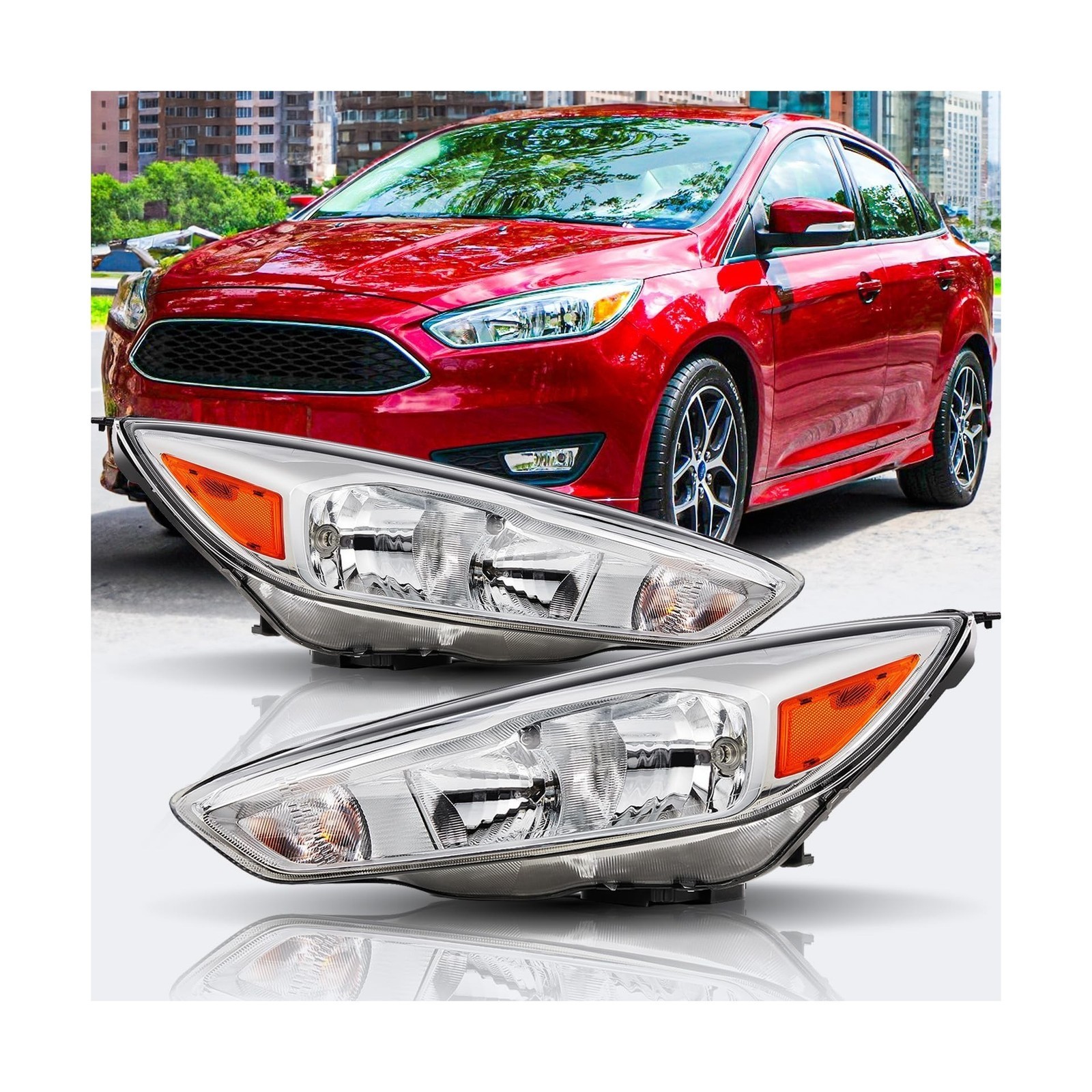 Headlights Assembly For Ford Focus 2015-2018, Chrome Housing Pair