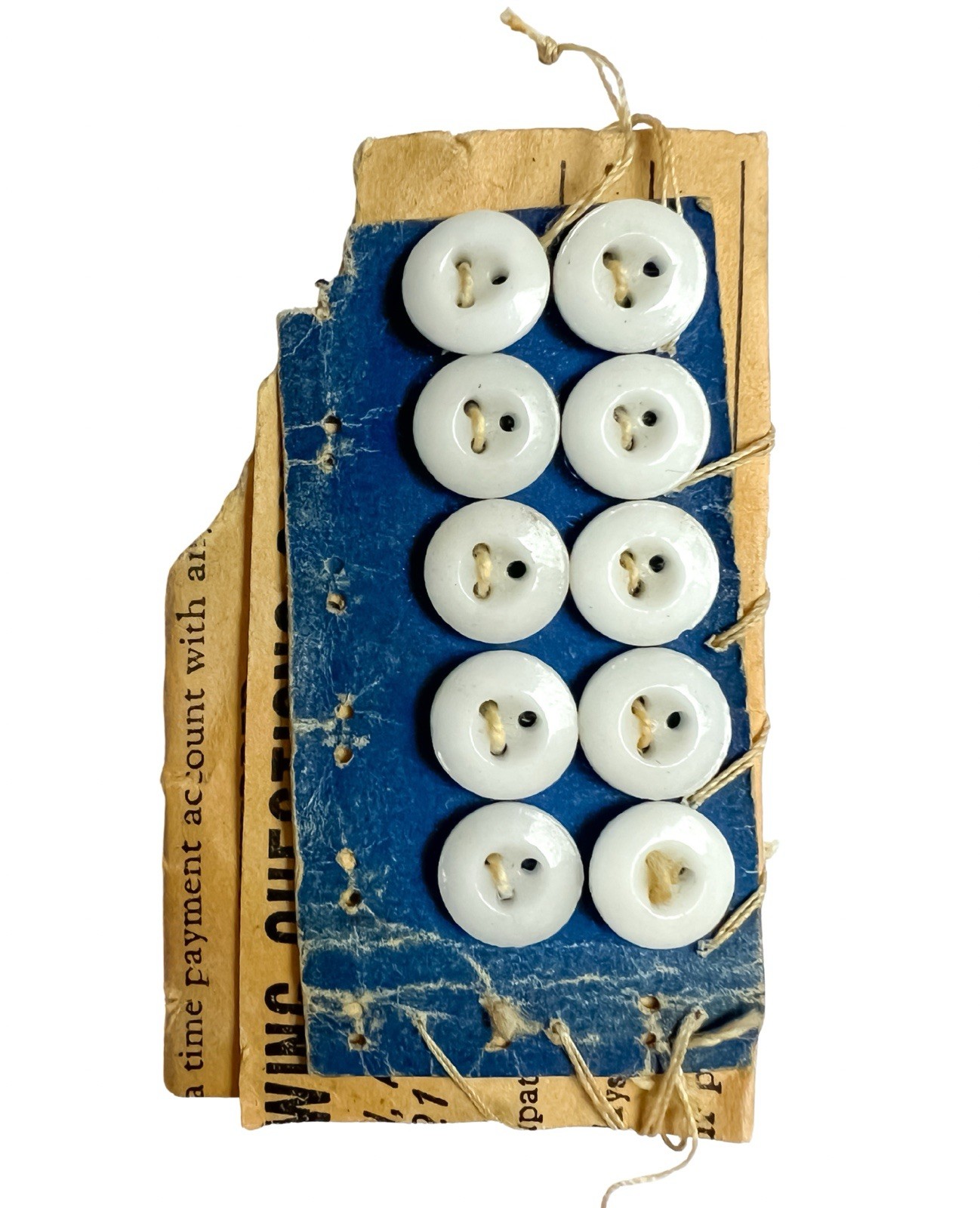 Set Of 10 Unusual 3 Hole Antique China Buttons On Card Old Tiny Matching Doll