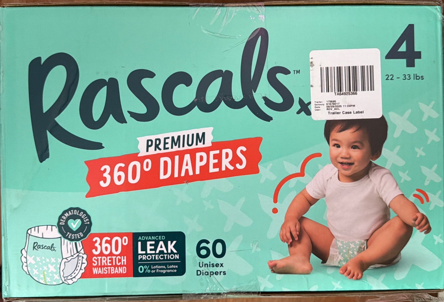 Rascals Premium 360 Absorbent Pull-On Diapers, Size 4, 60 Count