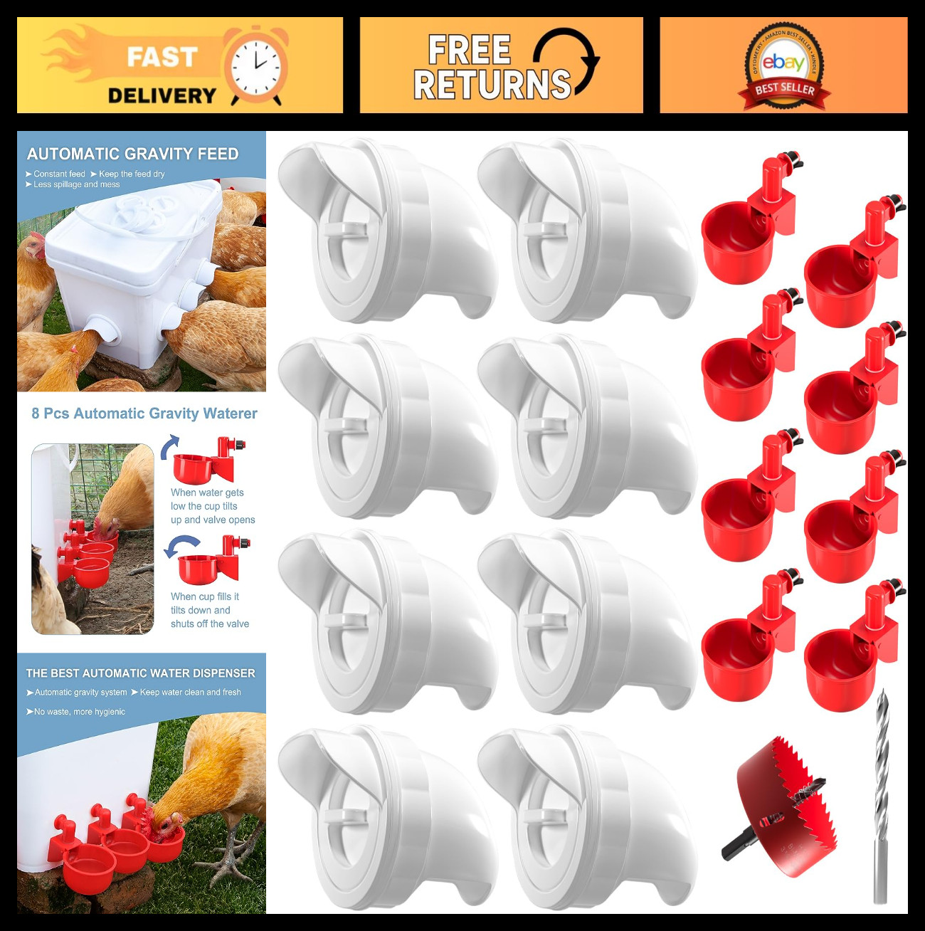 Automatic No Waste Chicken Feeder & Waterer Set - 8 Feed Ports & Cups for Poultr