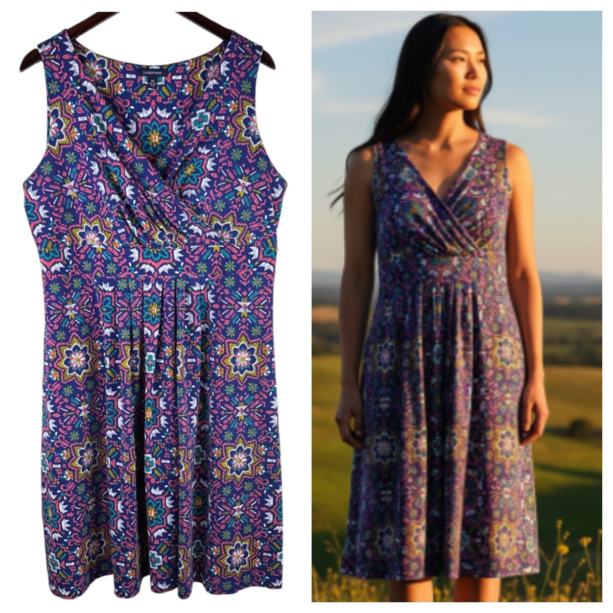 Lands End Dress Sz 1X 16W 18W Blue Pink Kaleidoscope Slvlss Vibrant Stretch Boho